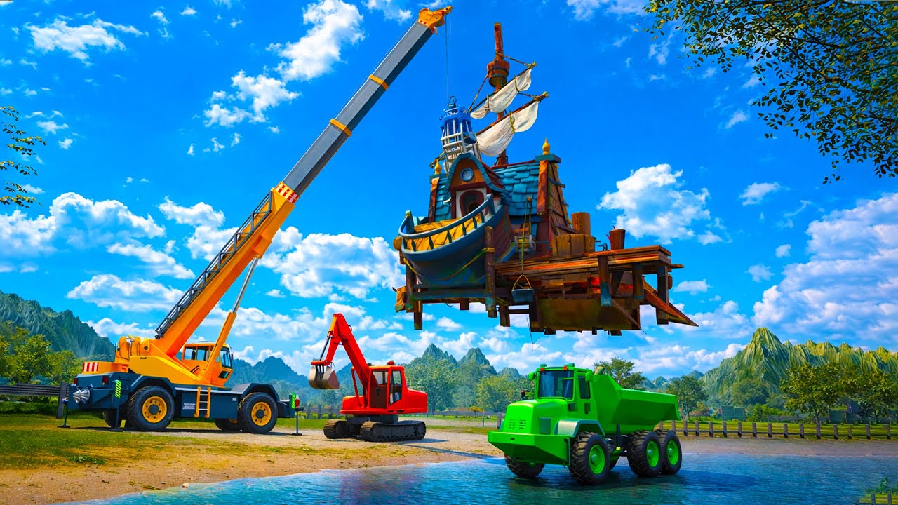 Giant Crane Lifts a Pirate House 🚧🏴‍☠️| Crane & Excavator Team Up | CONSTRUCTION VEHICLES