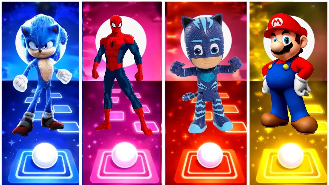 Sonic Hedgehog vs Spider Man vs Pj Masks vs Mario.Tiles hope edm rush game. 