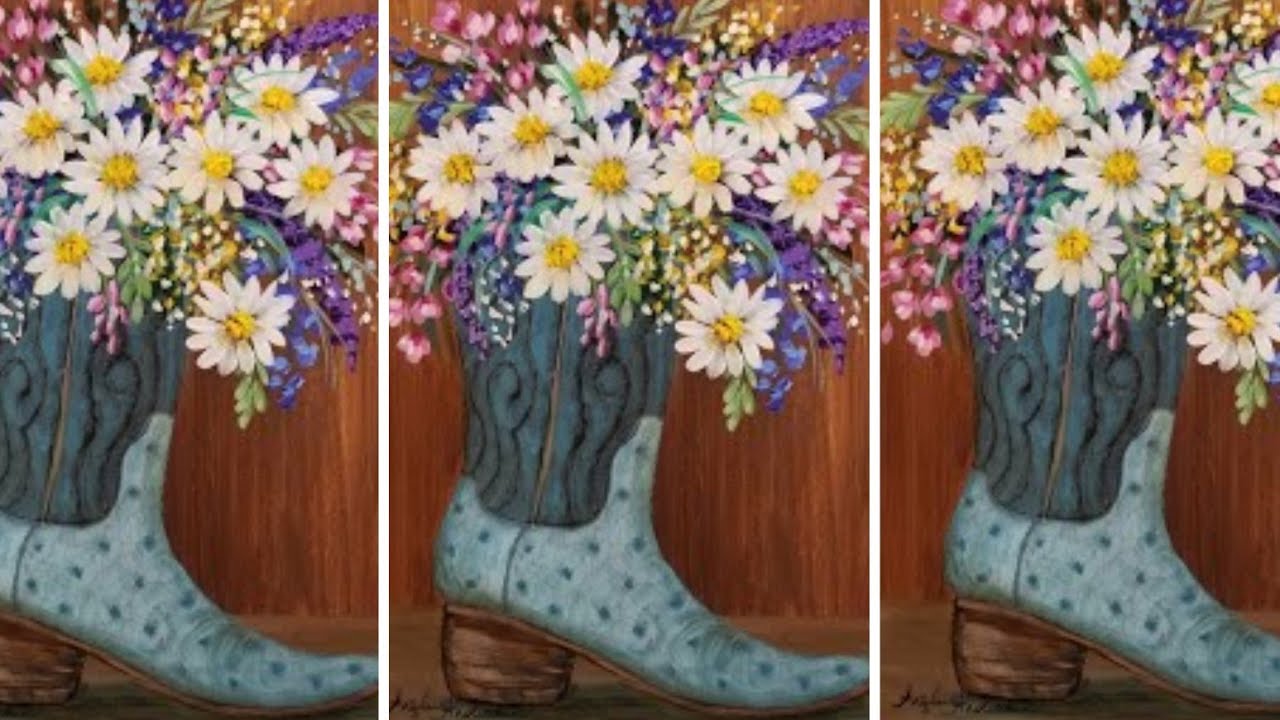 Beginner Acrylic Tutorial Cowboy Boot with Daisies LIVE Step by Step Painting