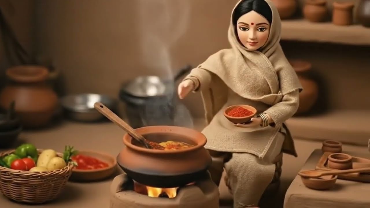 Stop Motion ASMR Cooking Vegetable Curry in a Tiny Clay Kitchen  Miniature Village Life