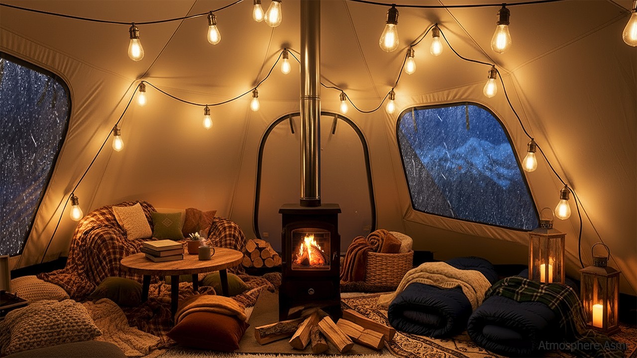 ⛈️ Tienda acogedora con chimenea y lluvia | Cozy Tent Fireplace & Rain ASMR (3H)