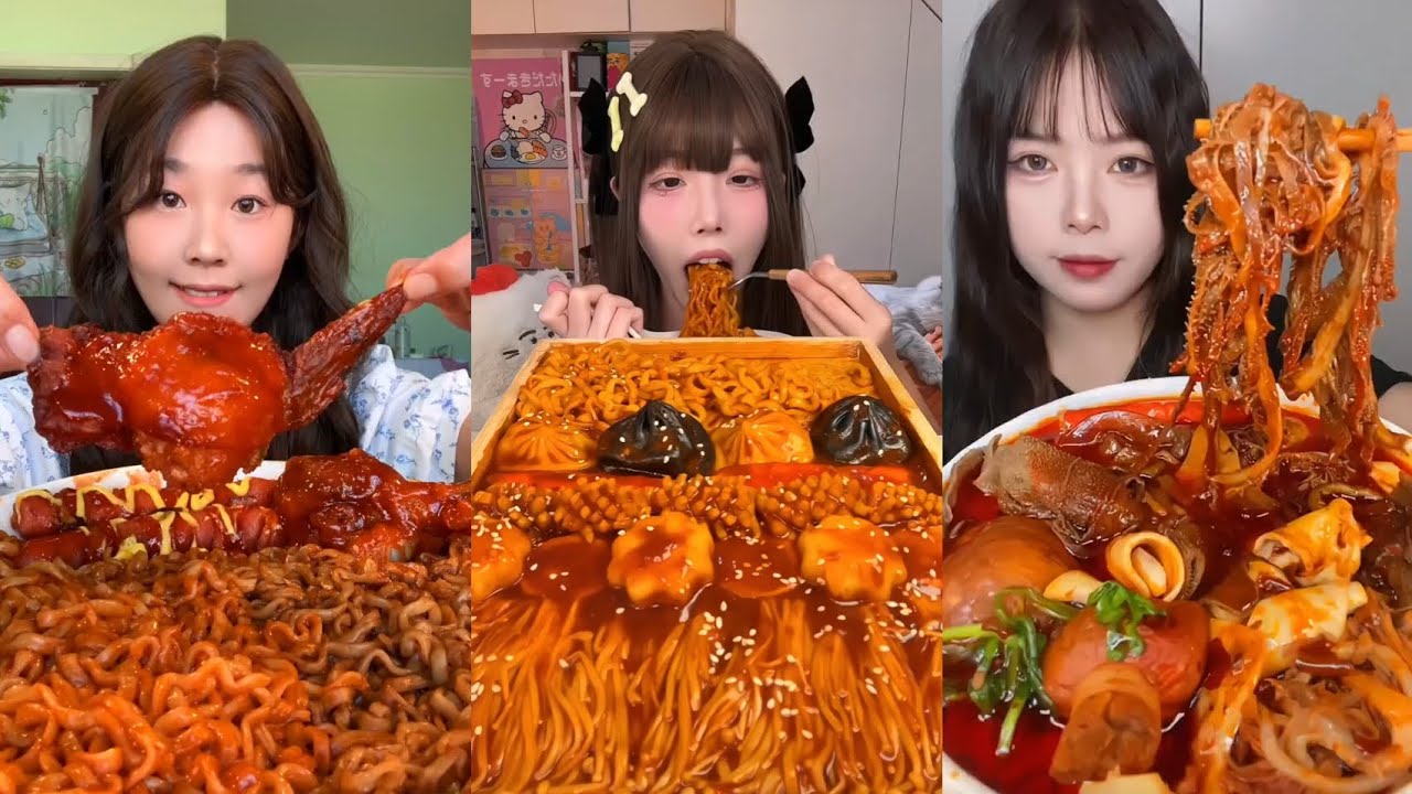 ASMR SPICY CHICKEN NOODLES + JJAJANGMYEON + WING RICE WRAP, SOLO HOT POT PARTY FEAST