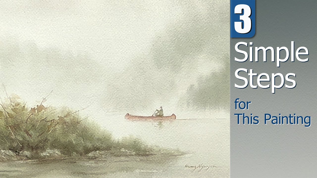 Watercolor Painting | Misty Landscape | Canoeing
