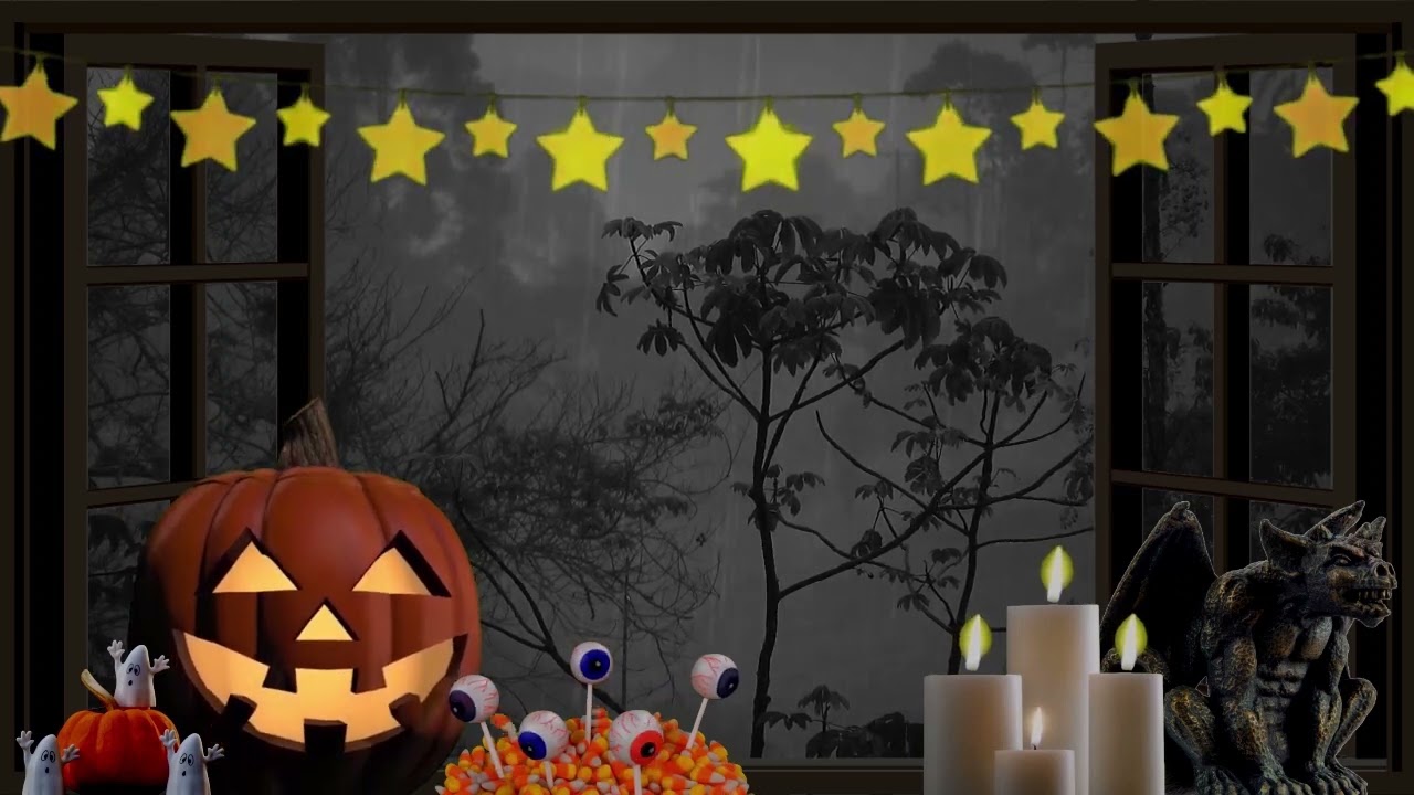 Jack O'Lantern in the Window on a Rainy Halloween Night ASMR Ambience (Long Version)