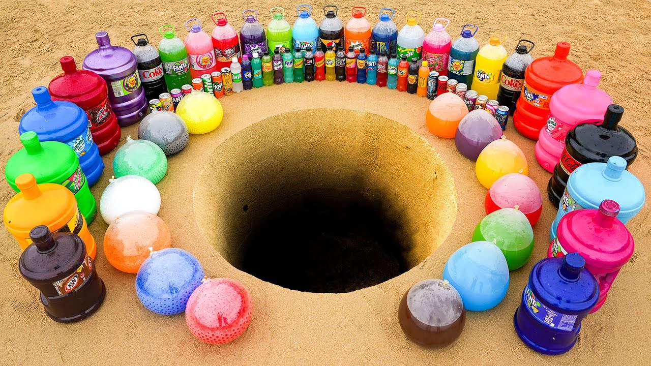 EXPERIMENT: Big Rocket of Coca Cola bottles, Mtn Dew, Mirinda, Balloons Orbeez vs Mentos Underground
