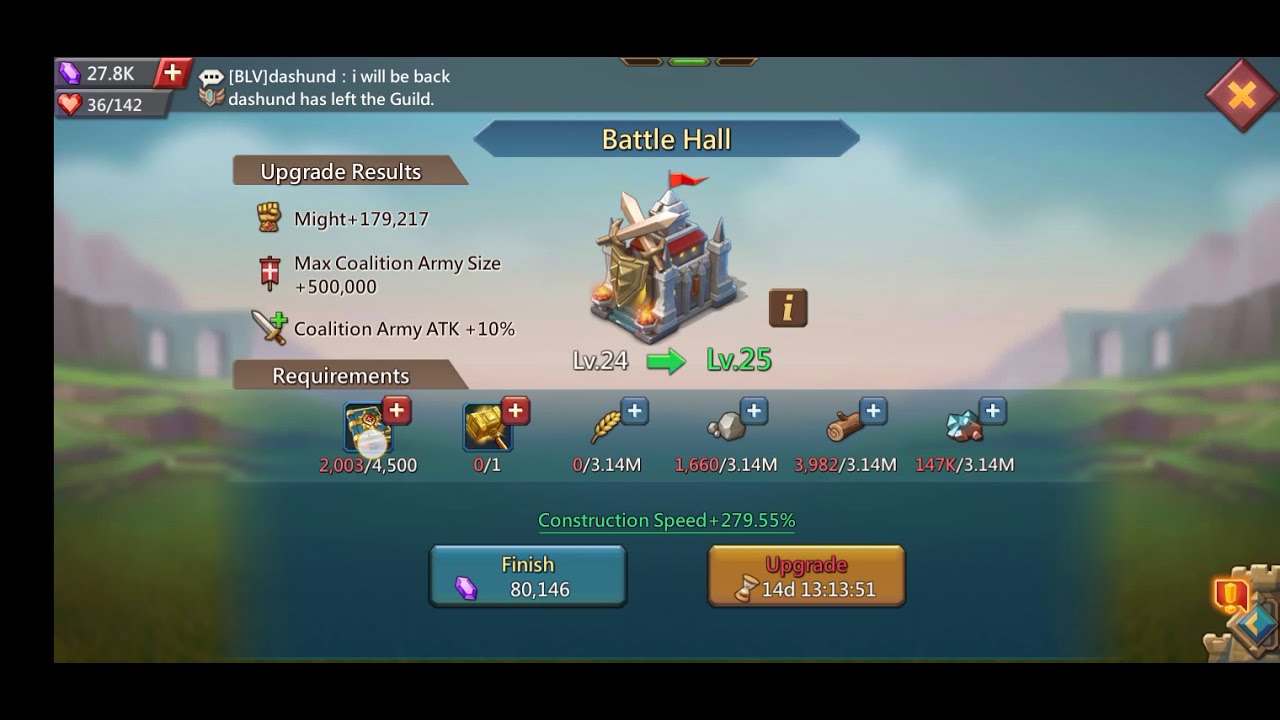 Lords mobile : Upgrading Battle hall to lvl25
