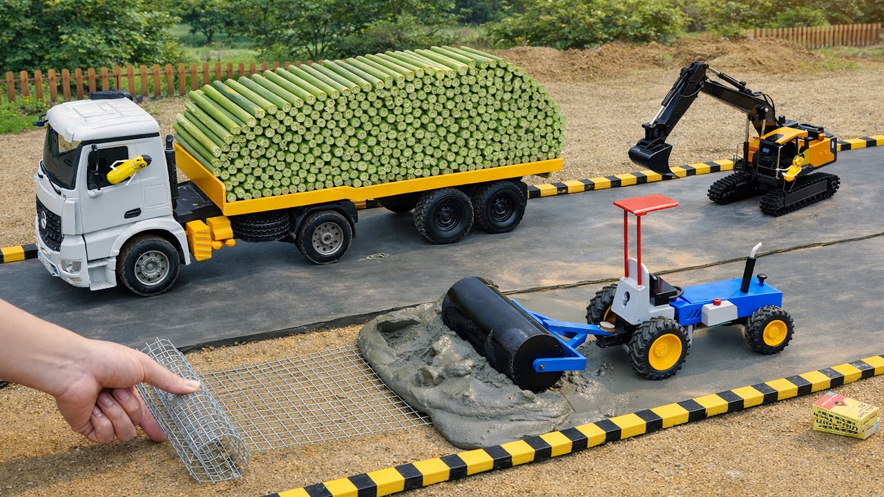 DIY Mini Tractor & Road Roller Making a Concrete Road | RC crane rescues heavy truck from rocky road