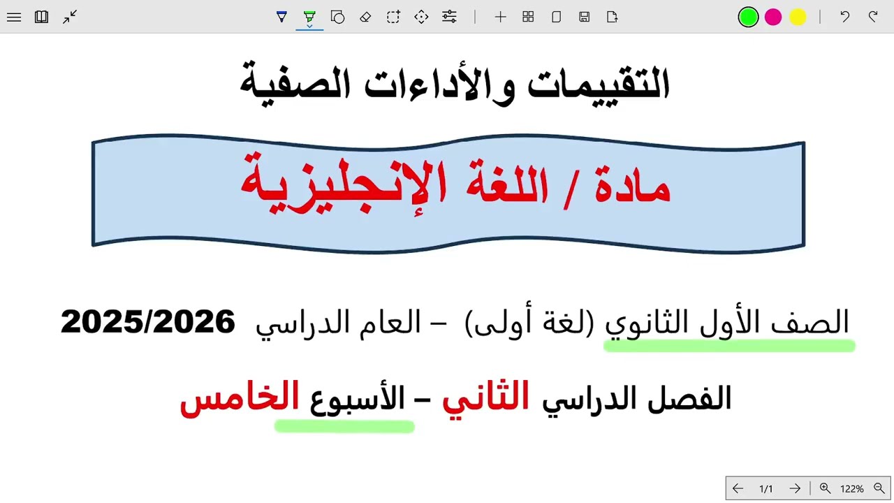 حل التقييم الخامس انجليزي اولى ثانوي الترم التاني 2026