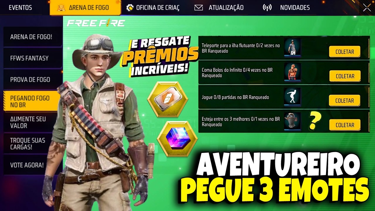 AGORA SIM!! AVENTUREIRO VOLTOU!! 3 EMOTES PRA TODOS, TROCA NICK GR&Aacute;TIS, PUNHO, NOVIDADES FREE FIRE