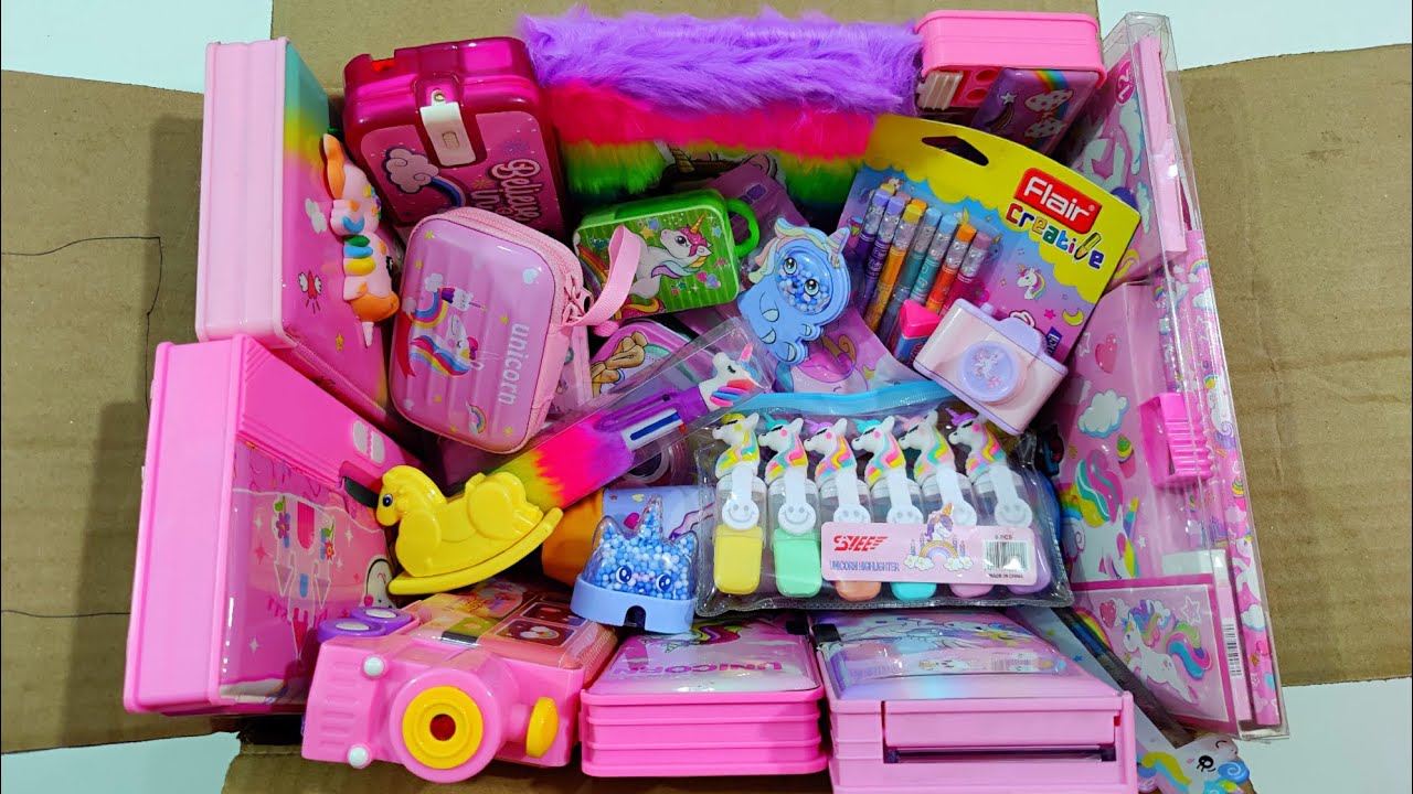 unicorn huge stationery collection, box full of unicorn stationery, pencil box, pencil, eraser, toy