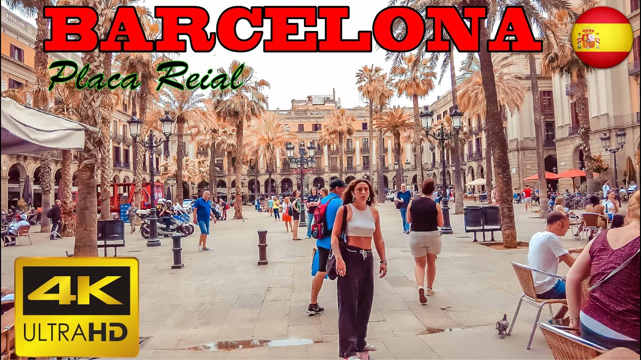 Барселона, Испания, Королевская площадь — 4k UHD 60 кадров в секунду — пешеходная экскурсия —