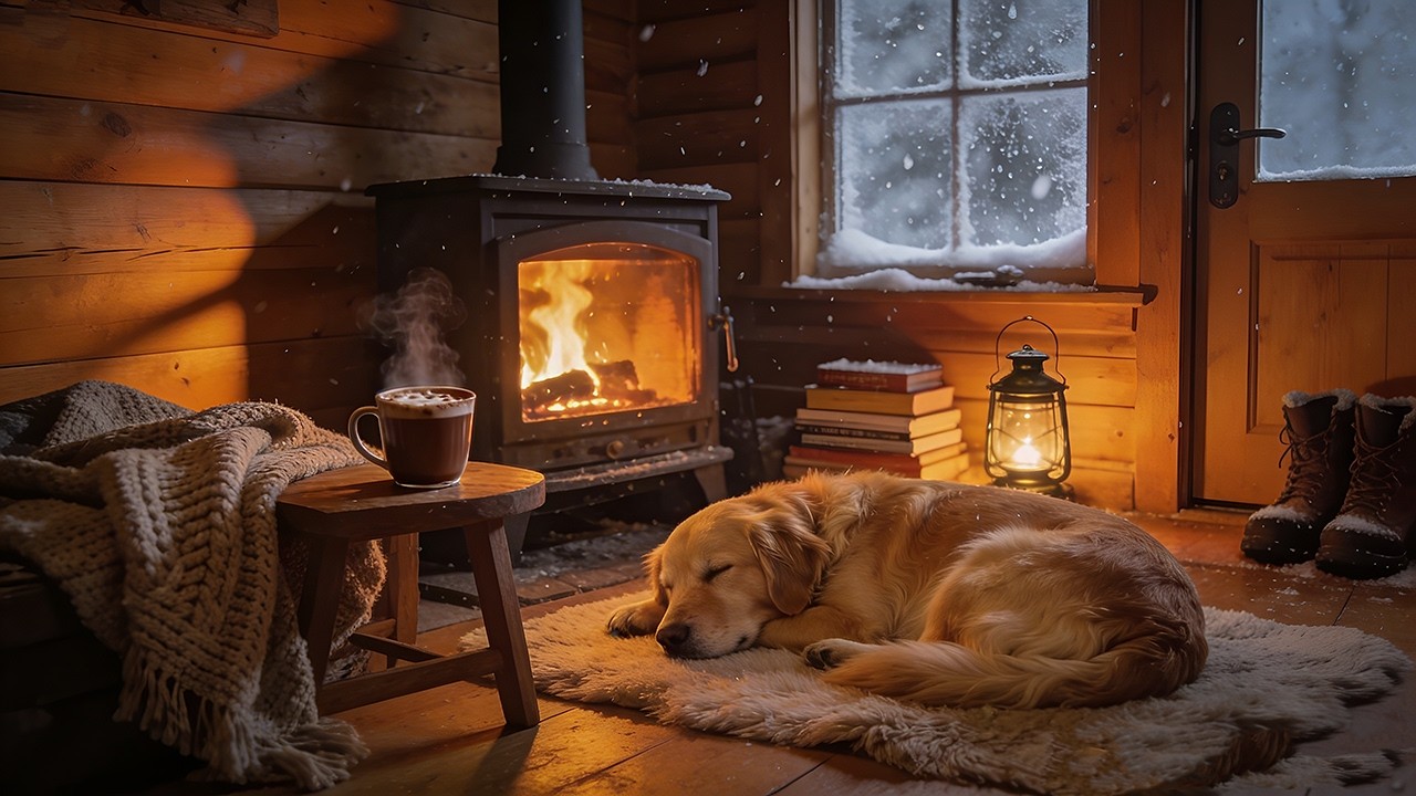 Cozy Cabin Night Ambience 🔥 Relaxing Jazz, Sleeping Dog & Fireplace Warmth for Focus & Calm