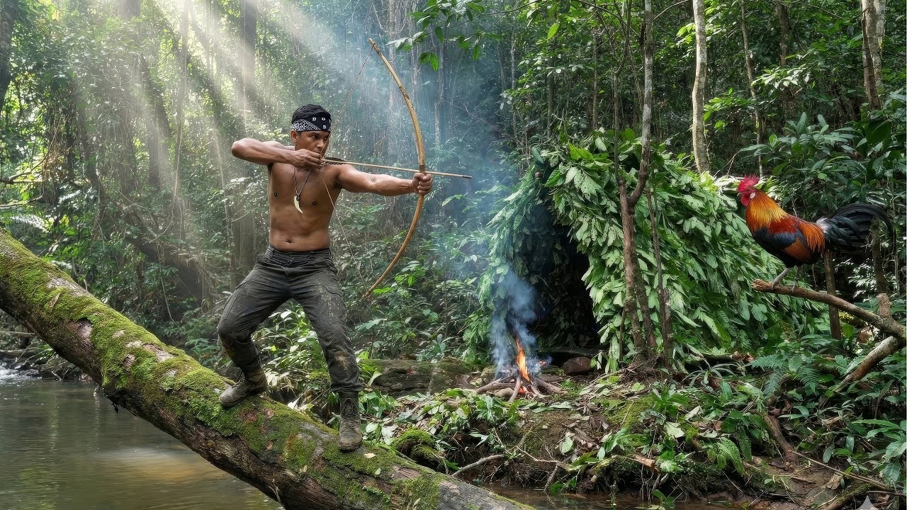 100 Day Solo Survival | My First PRIMITIVE BOW HUNT & Building a Bushcraft Camp