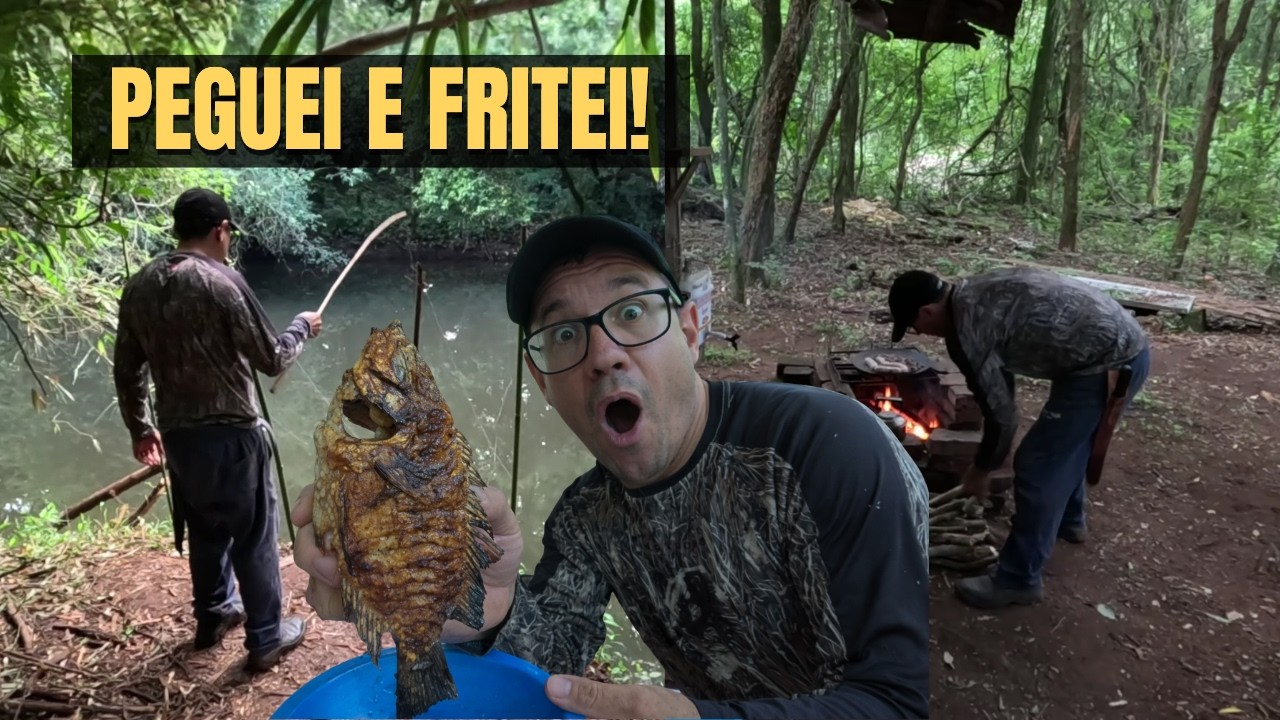 PESCANDO E FRITANDO PEIXE NO MATO 🔥🎣 Vida Raiz na Beira do Rio!