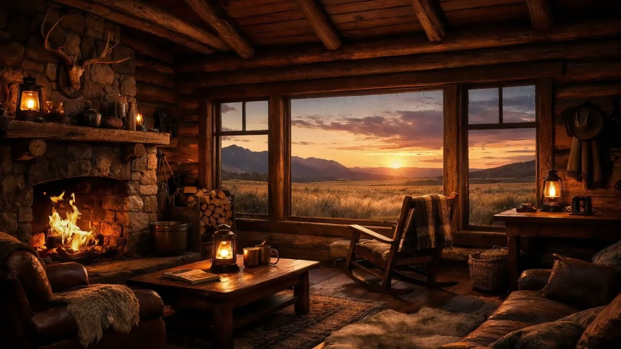 Cozy Cabin Sunrise with Gentle Piano | Relaxing Fireplace Music