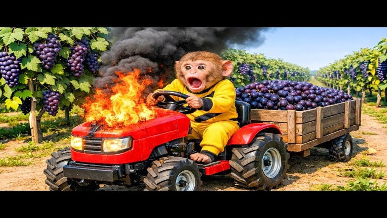 Monkey Drives Tractor to Harvest Ripe Grapes & Engine Fire Disaster ｜ Monkey Farm Work