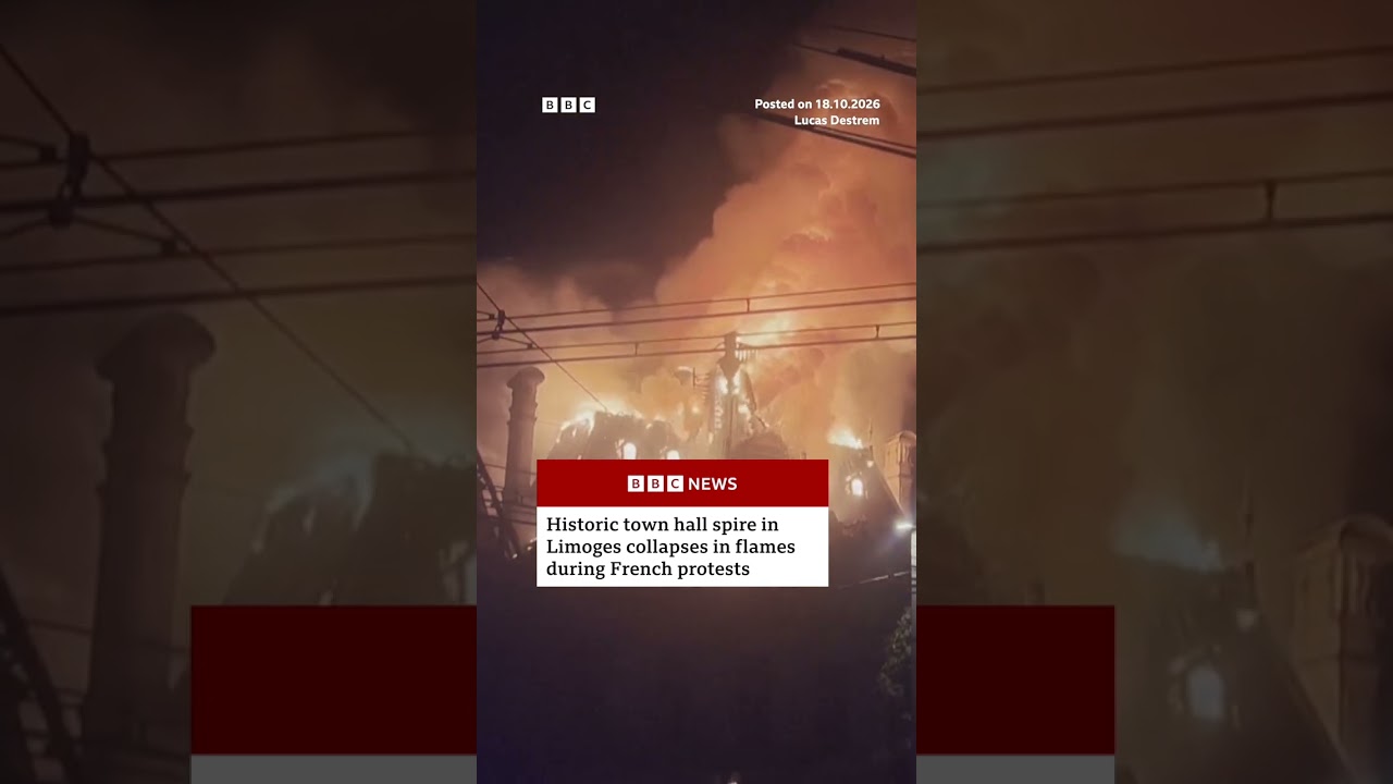 French town hall spire collapses in flames amidst protests #France #Protests #BBCNews