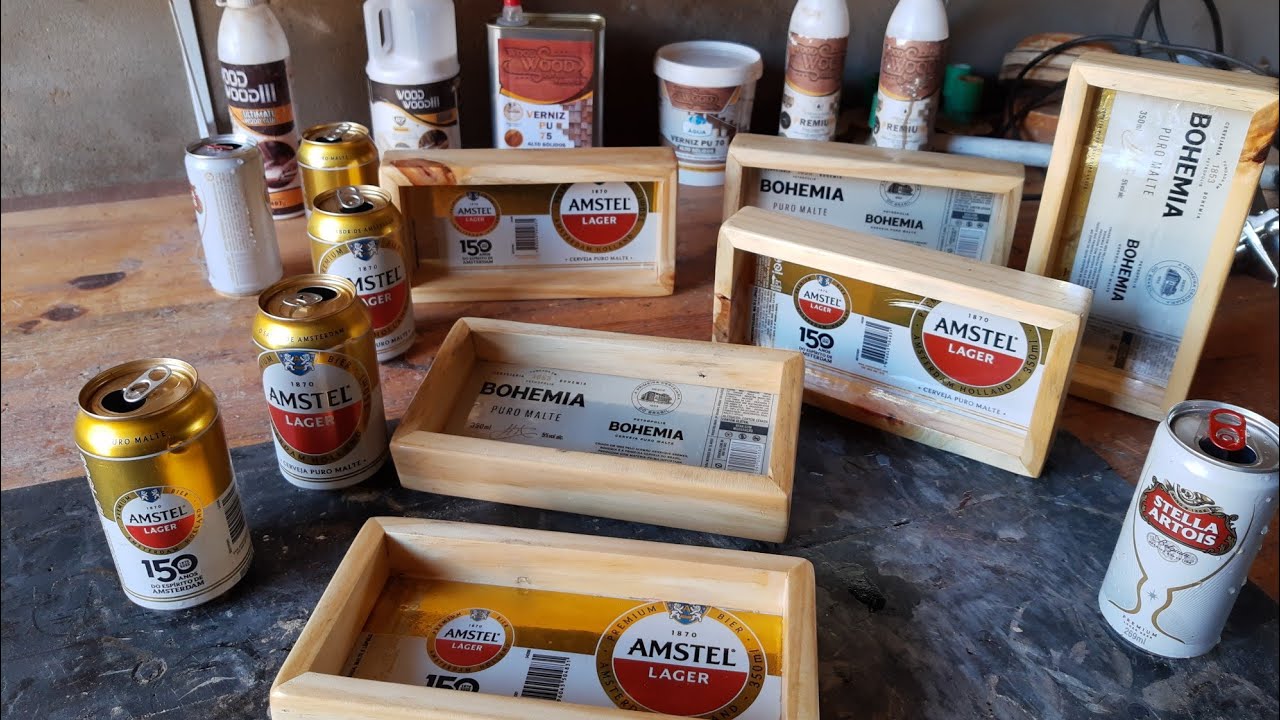 Olha o que eu fiz com latinha de cerveja e madeira