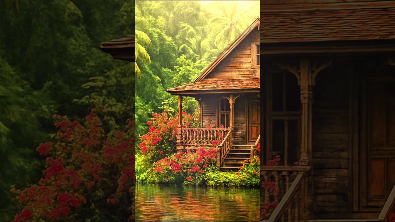 🌿Relaxing Jungle Cabin Ambience | River Sounds, Birds Singing & Forest Relaxation | 4K Nature Sounds