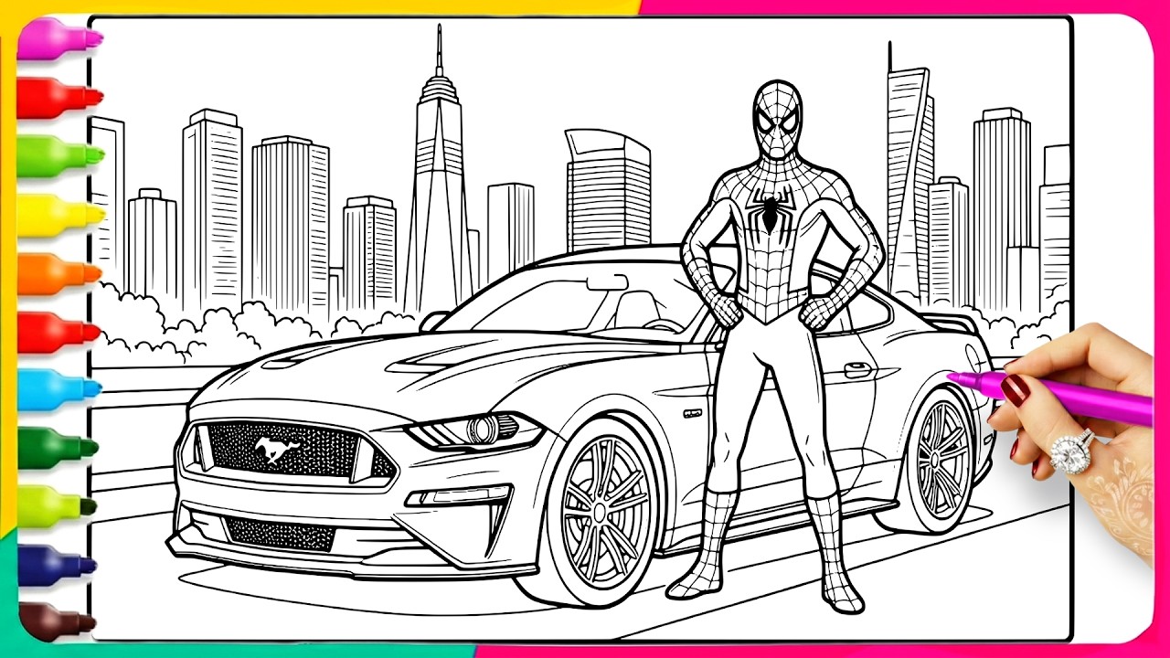 Satisfying Coloring Pages - Coloring Spiderman & A Ford Mustang with City View ! 🚗💨