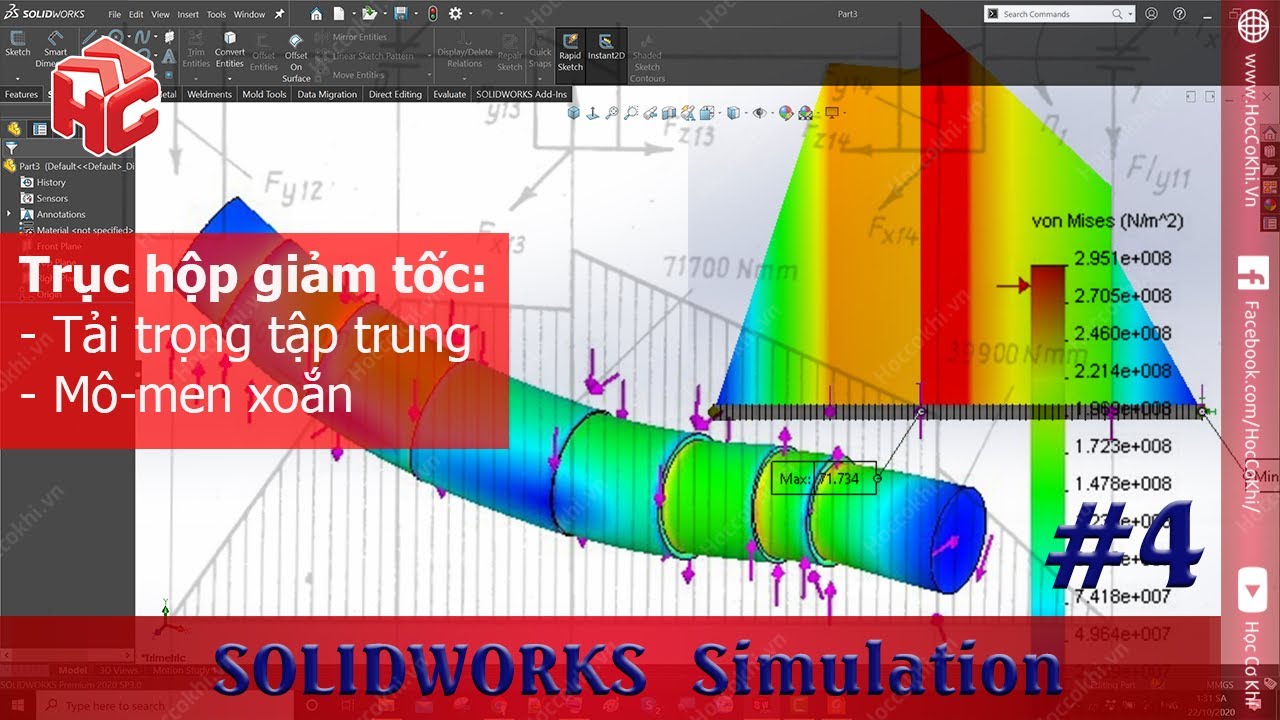 [hoccokhi] SOLIDWORKS Simulation 04: phân tích mô-men xoắn, tải trọng cho trục hộp giảm tốc