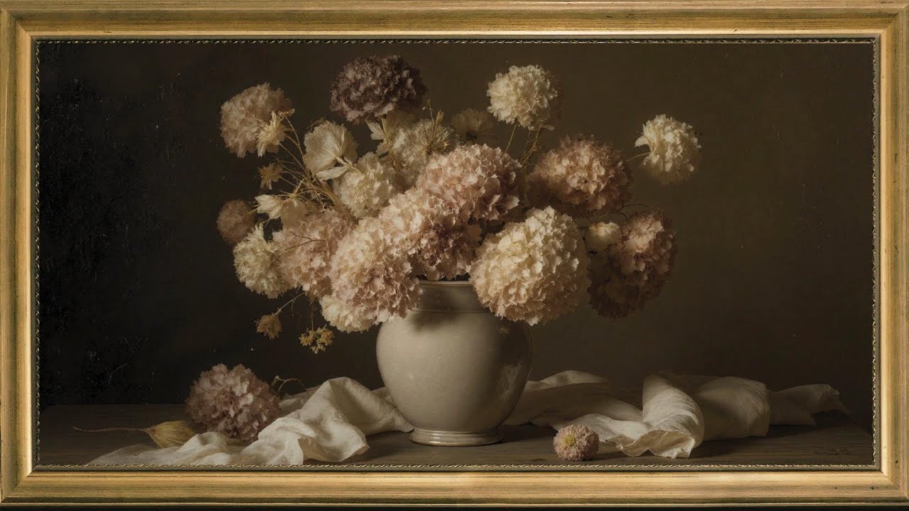 Echoes of Serenity – Hydrangea Still Life Art for Tranquil Interiors | Vintage Floral Screensaver