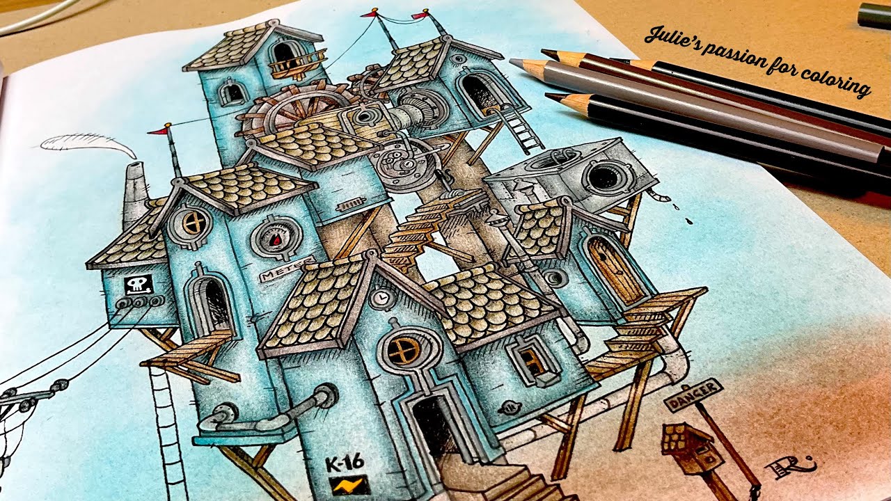 🏠 STEAMPUNK HOUSES 🏠 R. J. Hampson ✏️ prismacolor pencils - easy coloring tutorial