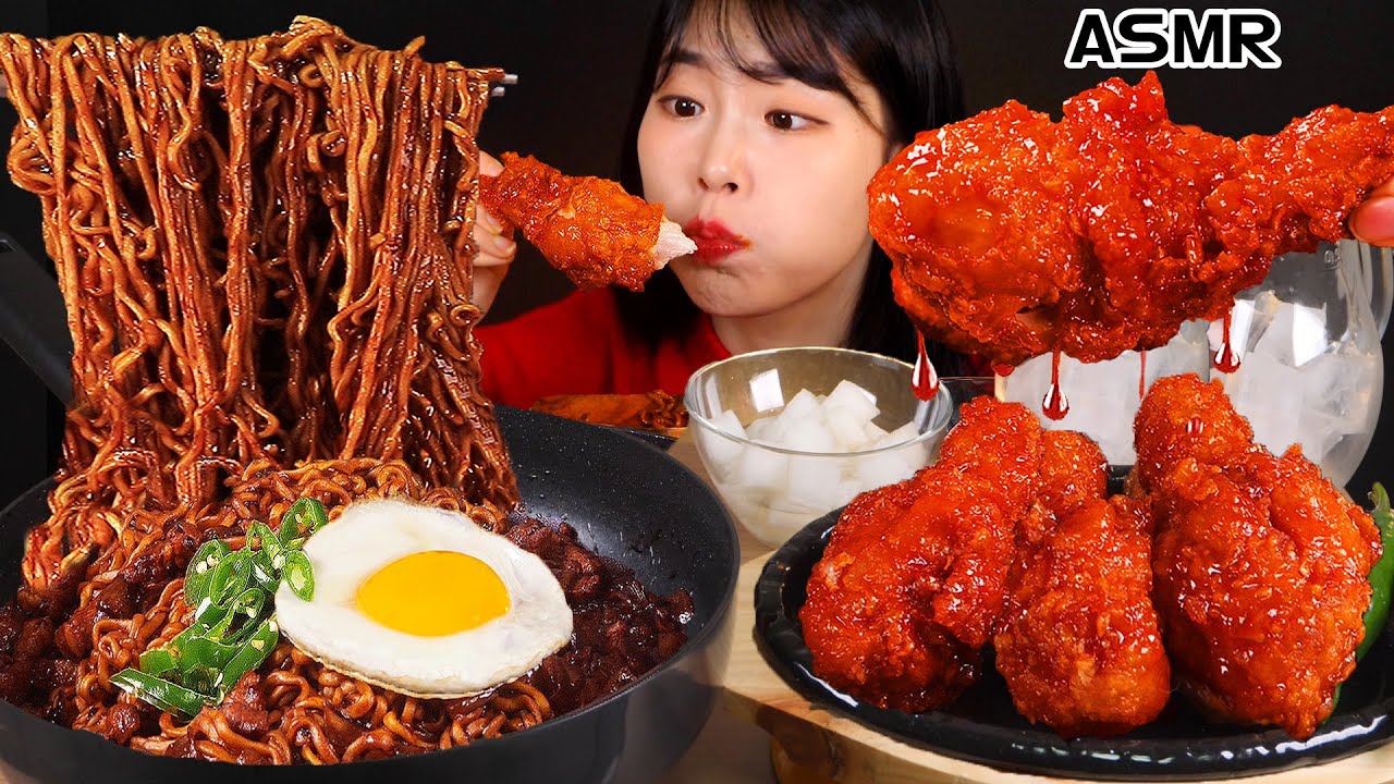 ASMR MUKBANG| 직접 만든 짜짜로니 양념치킨 먹방 & 레시피 & 파김치도 BLACK BEAN NOODLES AND FRIED CHICKEN EATING