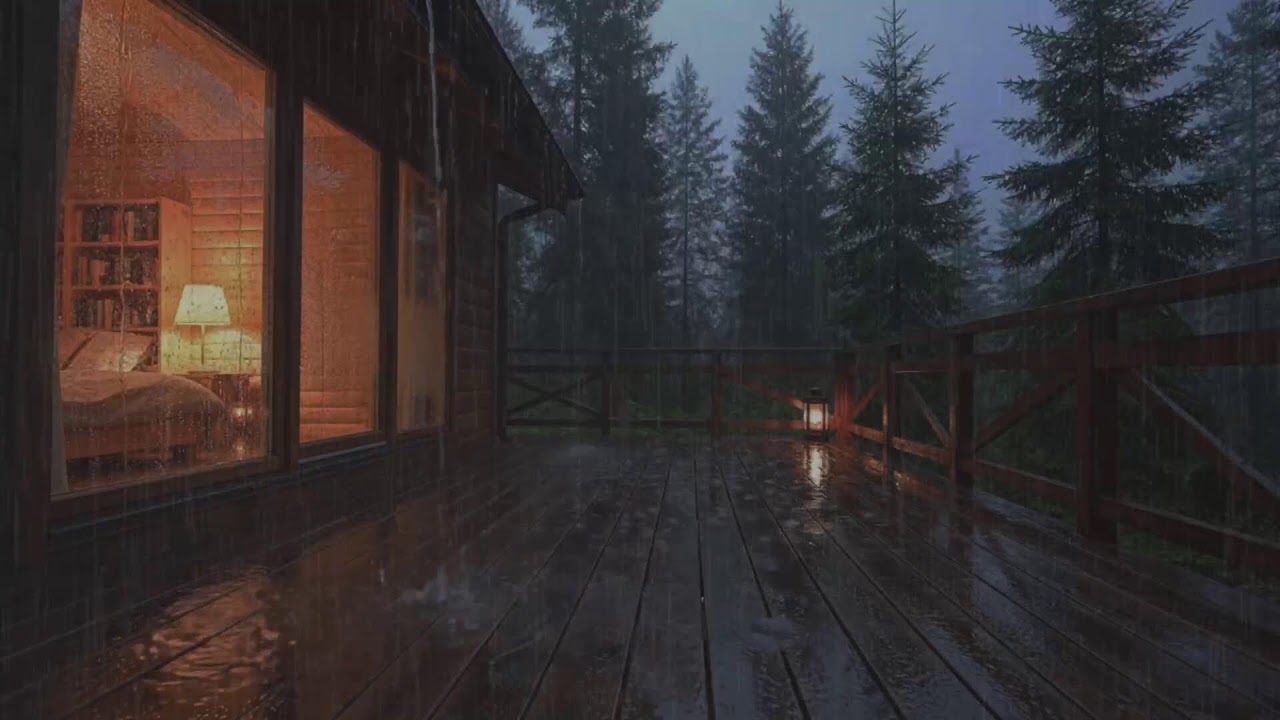 Natural rain at a forest cabin retreat, evening rain ambience promoting sleep balance over insomnia