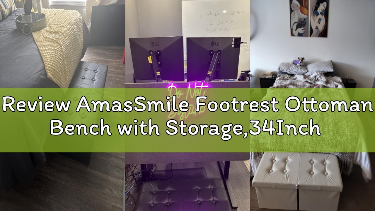 Review AmasSmile Footrest Ottoman Bench with Storage,34Inch Black Leather Footstool, Coffee Table, P