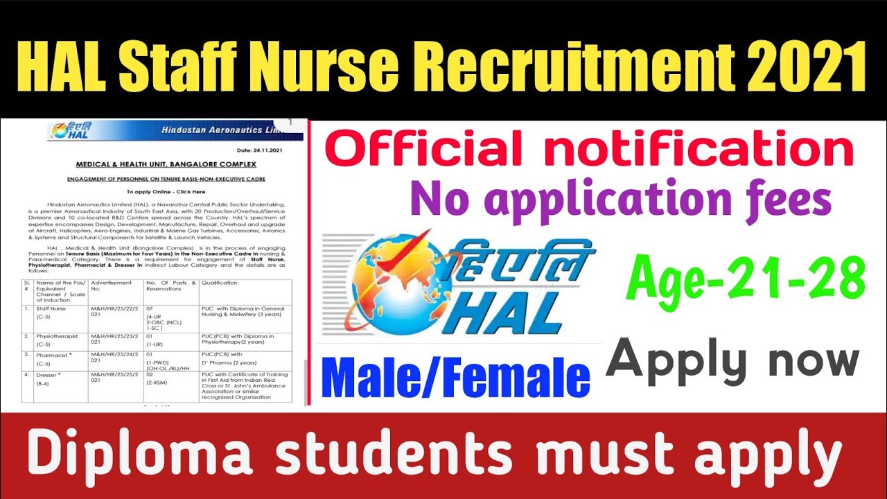 HAL Staff Nurse Recruitment 2021|| All India vacancy|| No application fees||Diploma students apply||