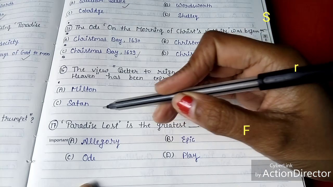 ENGLISH LITERATURE || JOHN MILTON(OBJECTIVE QUESTIONS)(Paradise lost was completed in 1665)