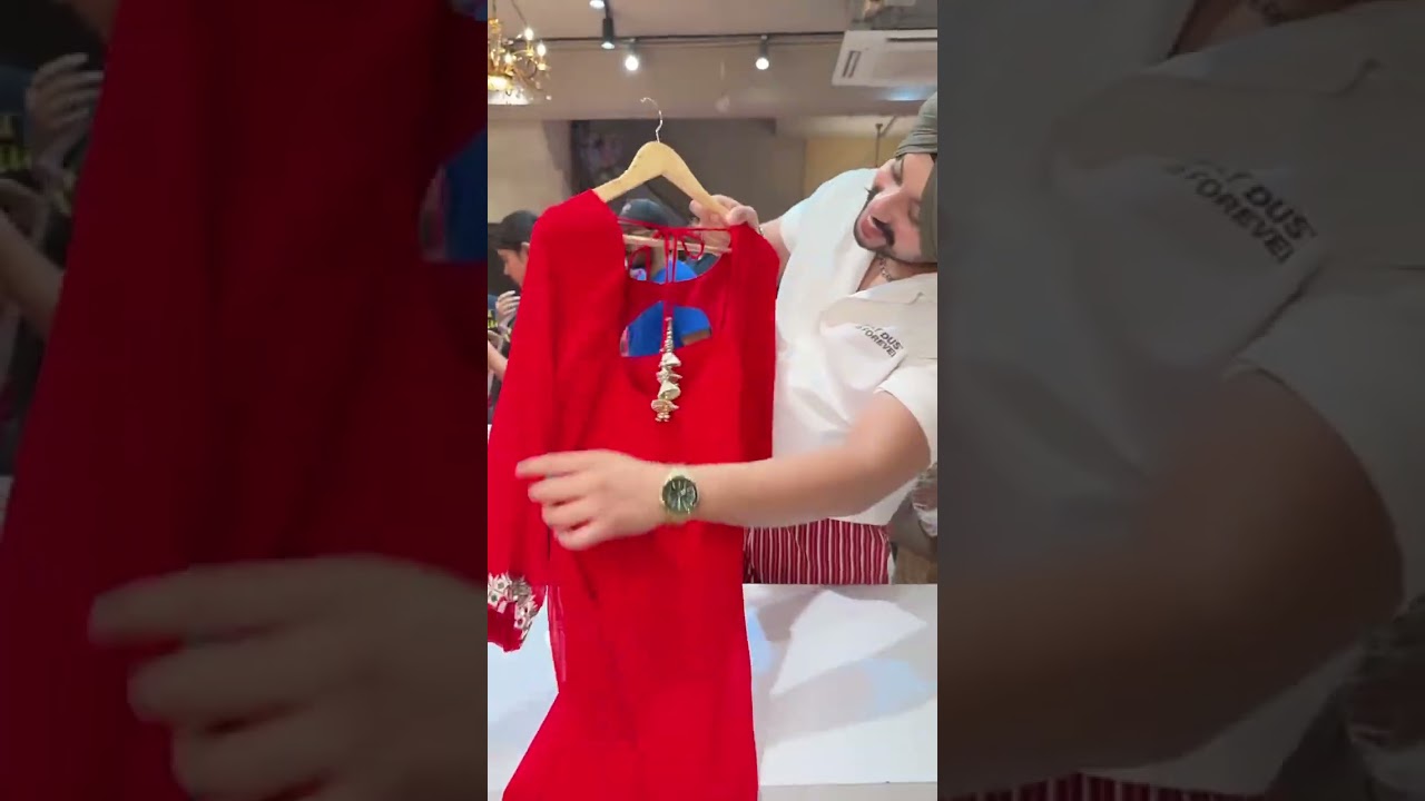 Vibrant Red Georgette Backless Anarkali Suit with Mirror Work on Designer neck & Banarasi look