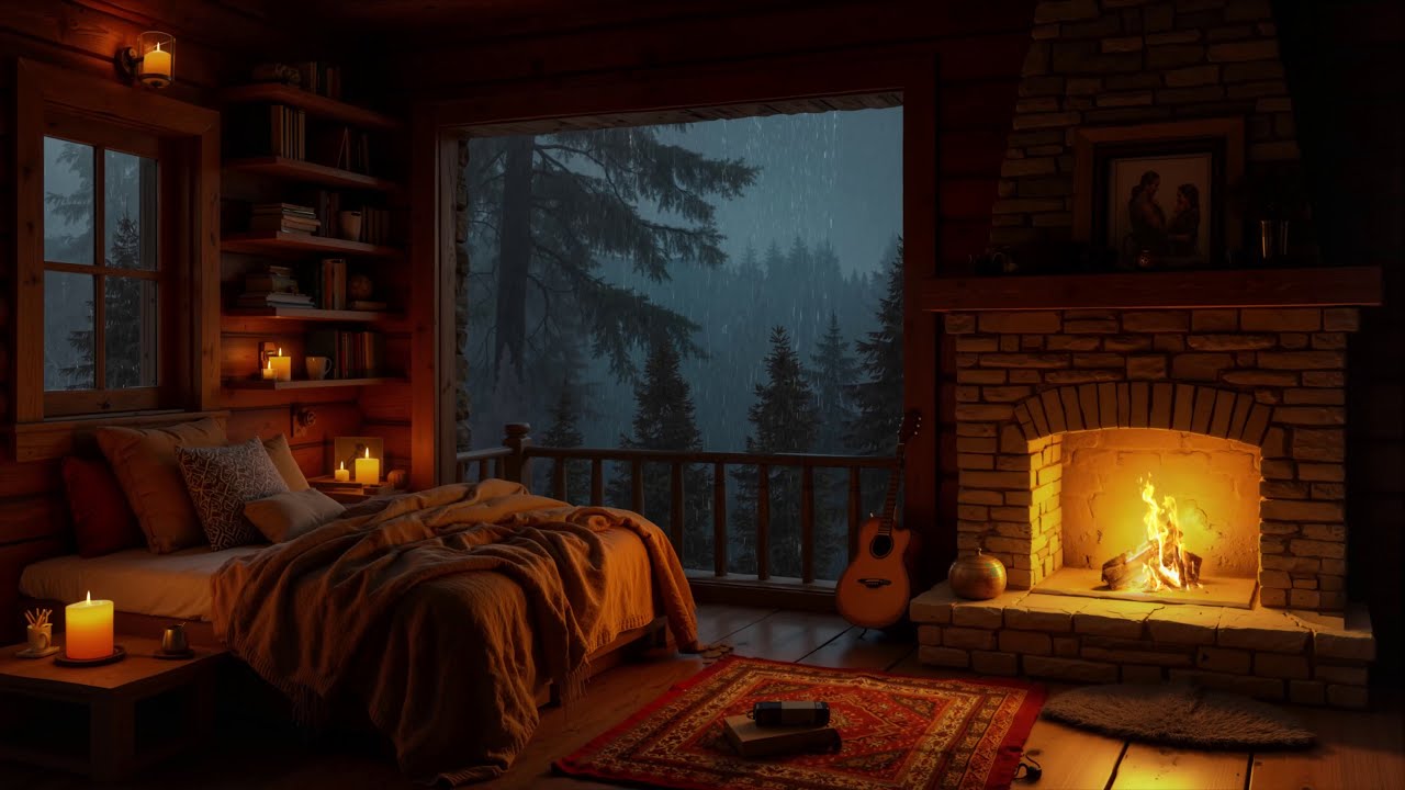 Night Rain ASMR Ambience with Crackling Fireplace | Calm Cozy Cabin for Insomnia Relief