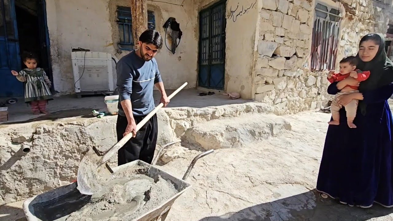 Farzaneh's trip to Hojjat's father's village | Helping Ali with bathroom tiling 🏡🧱