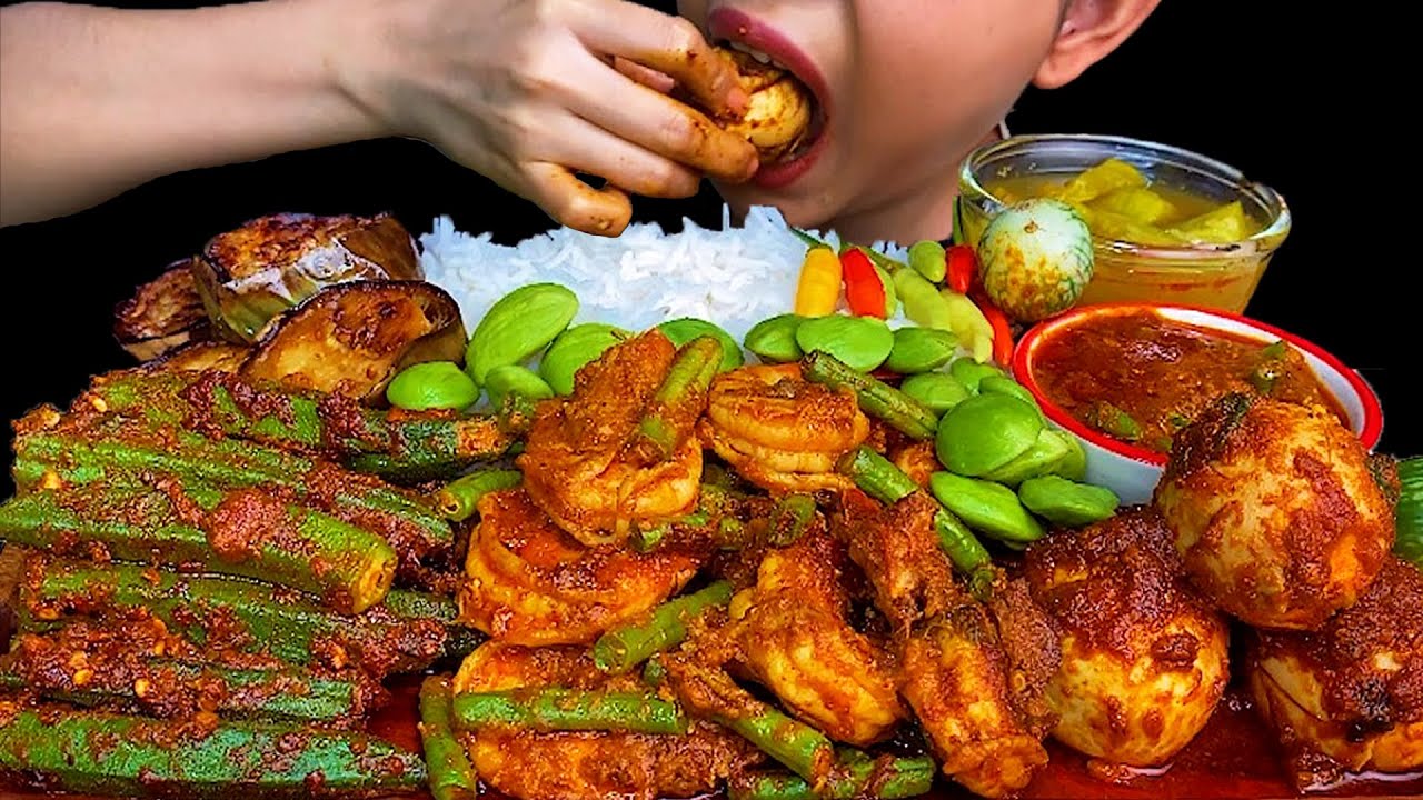 MUKBANG\\SPICY SHRIMP WITH GREEN BEAN, SPICY BOILED CHICKEN EGG, FRIED EGGPLANT & SPICY LADY FINGER
