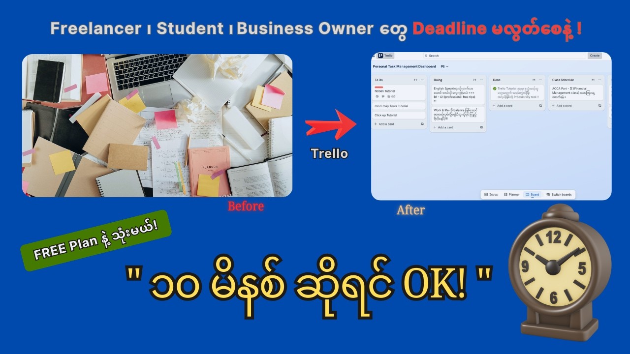 Trello နဲ့ ၁၀ မိနစ် ဆိုရင် Deadline မလွတ်တော့ဘူး! | Freelancer & Student အတွက် Beginner Guide 2026