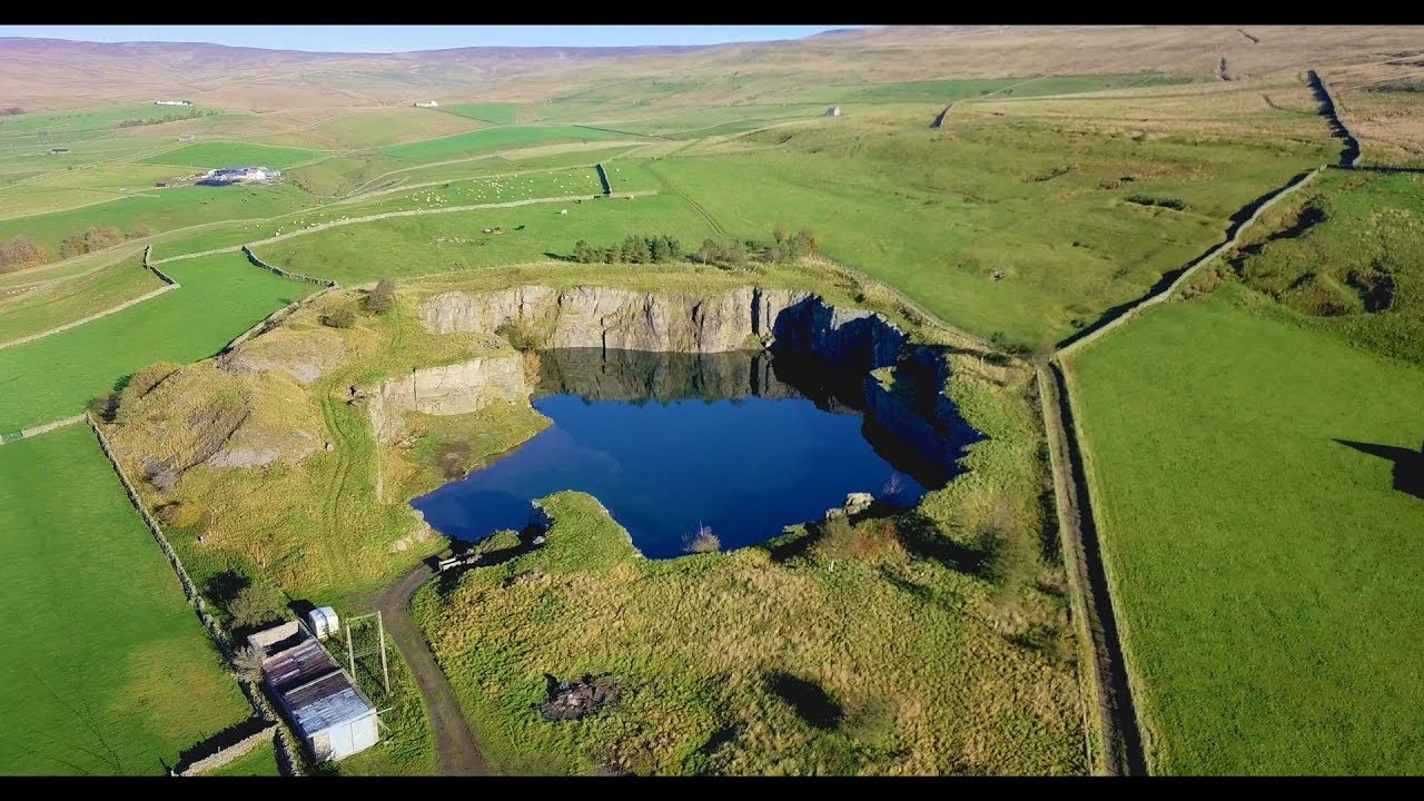 Stable Green Quarry by drone. Teesdale, Co Durham. Abandoned places UK.