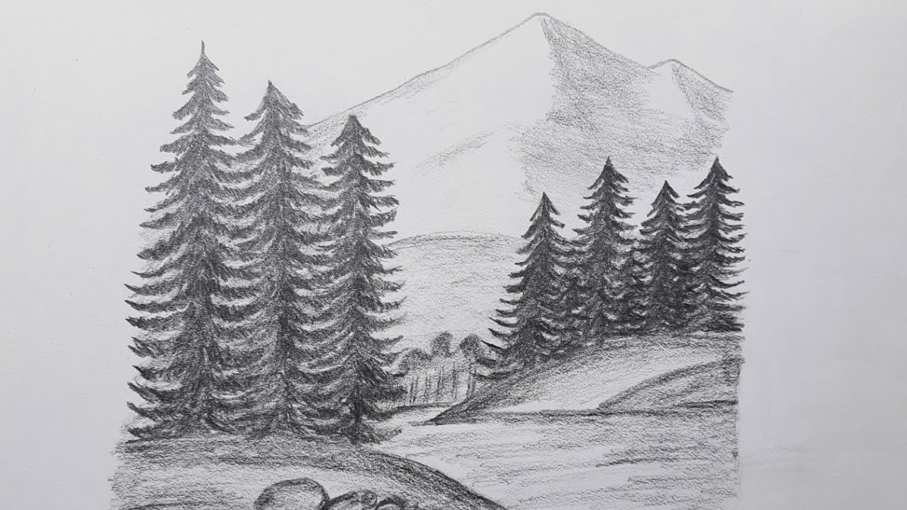 River and Fir Trees Drawing - How to draw Coniferous forests - Evergreen Trees Drawing - Landscapes