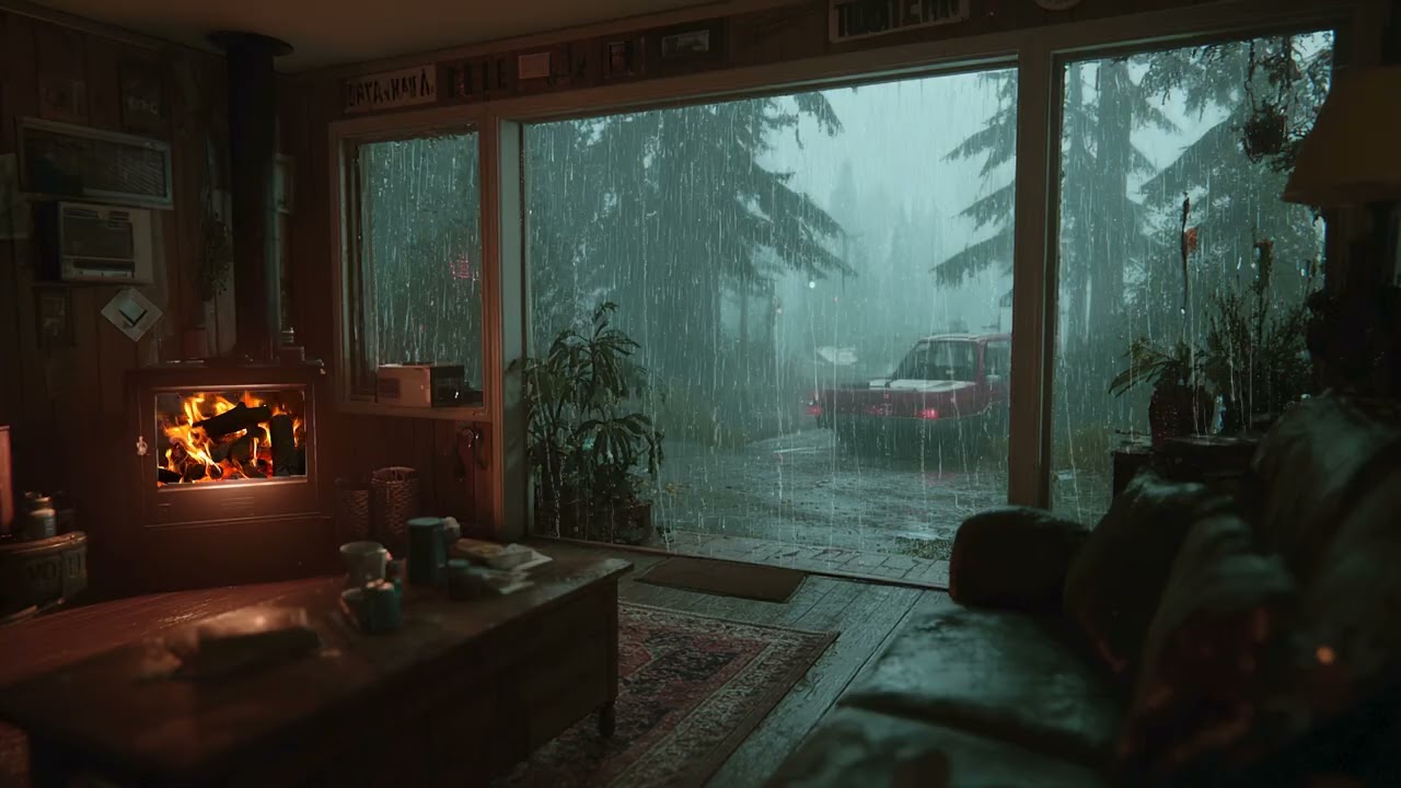 Gentle Forest Rain in Cozy Cabin 🌧 Soft Night Rainfall with Warm Fireplace Ambience for Sleep