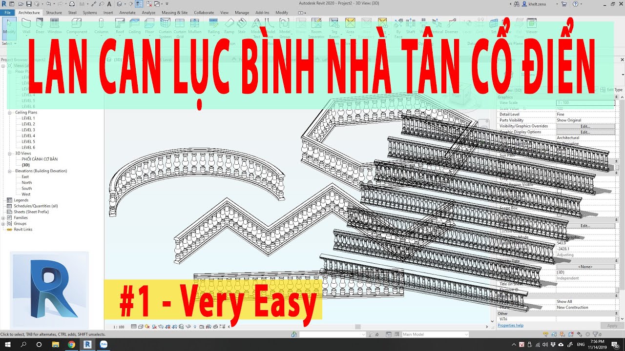 Tự học Revit 2020 - Lan Can Lục Bình Nhà Tân Cổ Điển Revit Railing