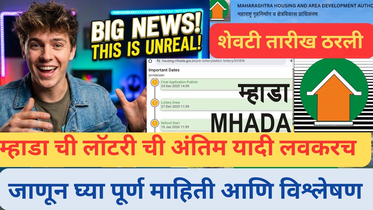 म्हाडा पुणे लॉटरीची अंतिम यादीची तारीख जाहीर| Mhada Latest Updates Date | watch now Mhada Pune News