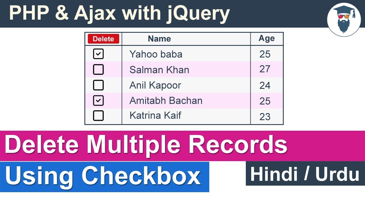 PHP Ajax Delete Multiple Data Using Checkbox Tutorial in Hindi / Urdu