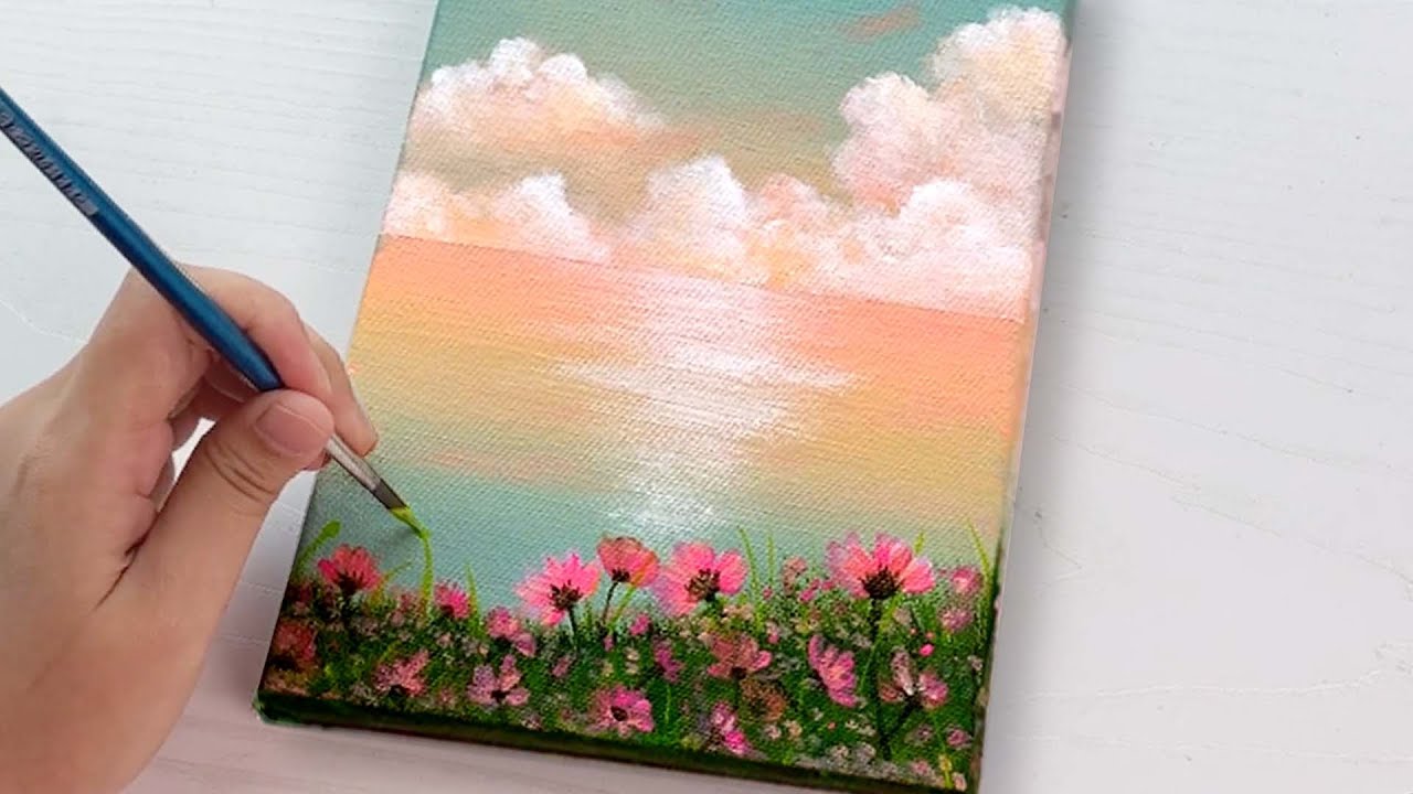 Flowers by the Pastel Sea / Easy Seascape Painting on Mini Canvas /