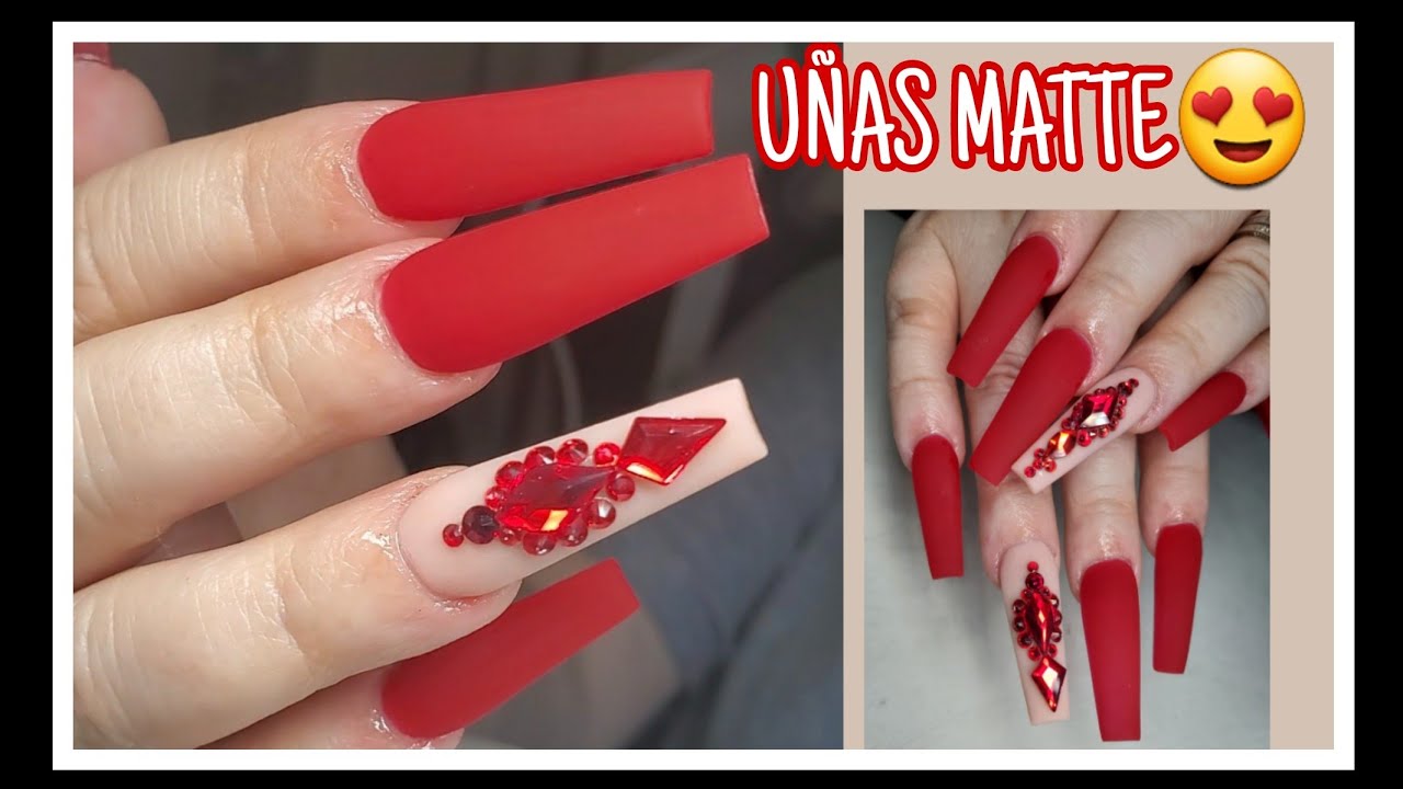 Uñas MATTE acrílico Rojo❤ y Cristal Swarovski 🤩
