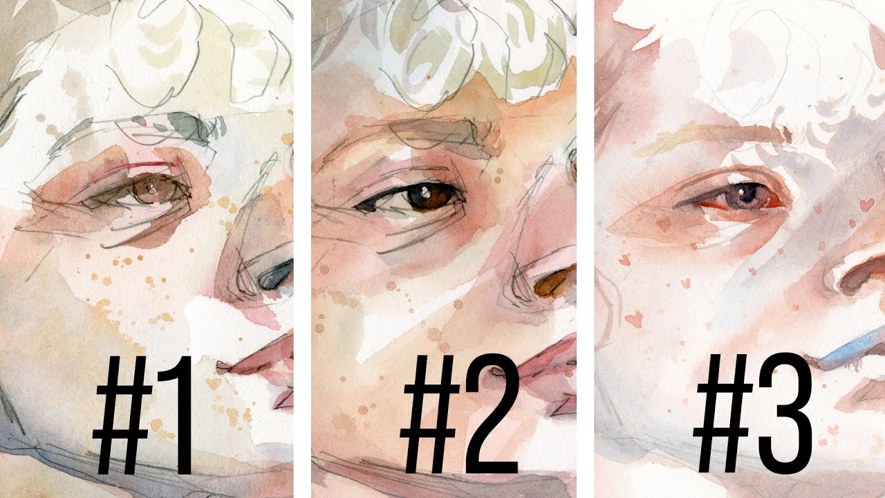 Same sketch 3 different ways! Self portrait watercolor painting