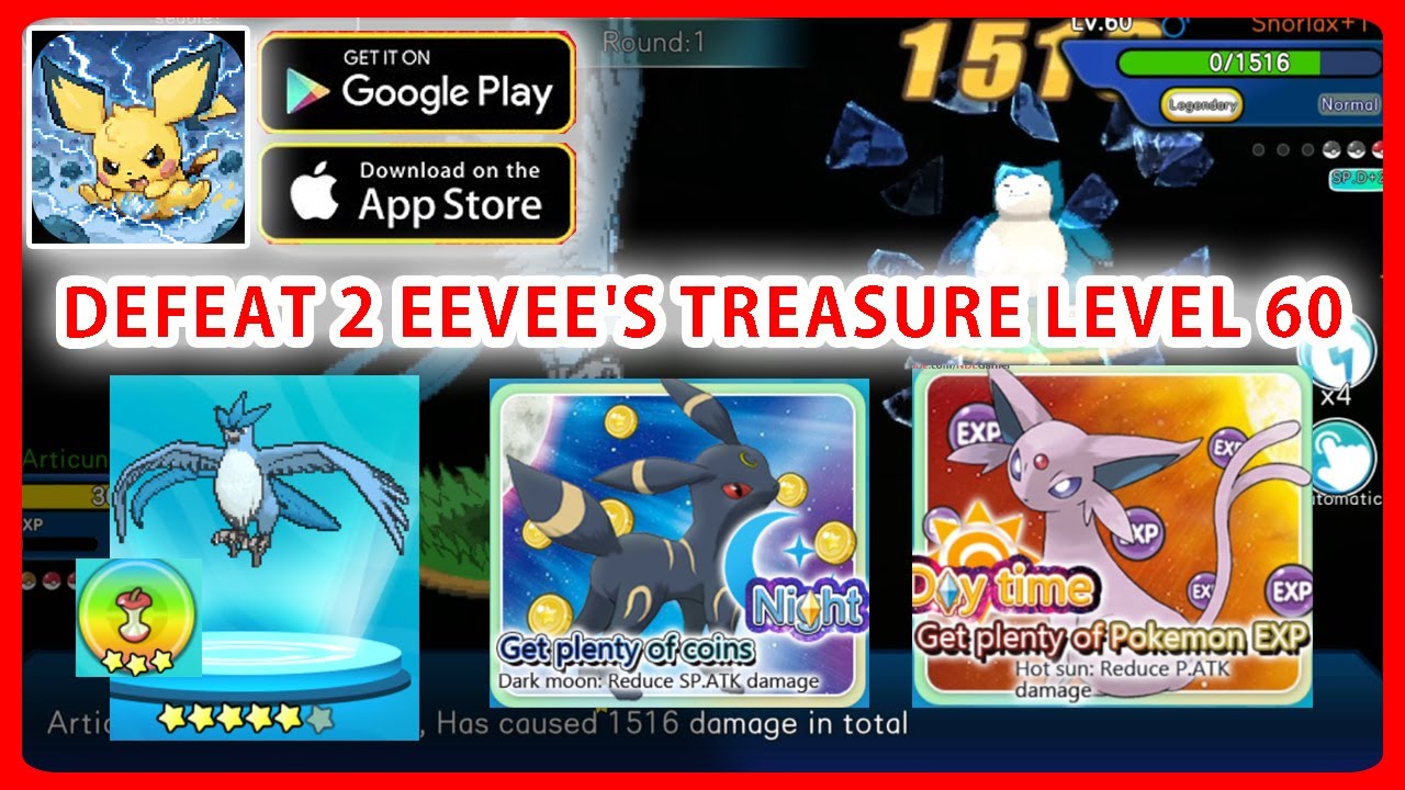 Pocket Pixel - Articuno 5 Star Solo Defeat 2 Eevee's Treasure Level 60 (Day and Night)