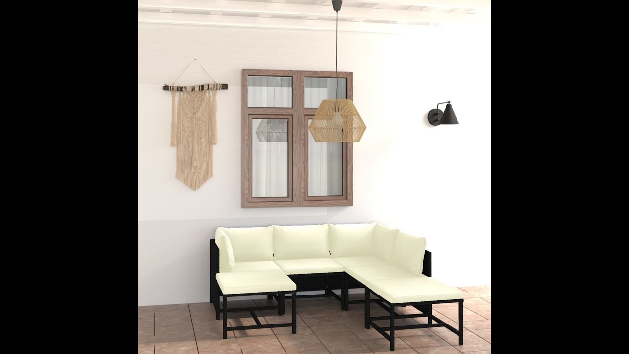 7-delige Loungeset met kussens poly rattan zwart