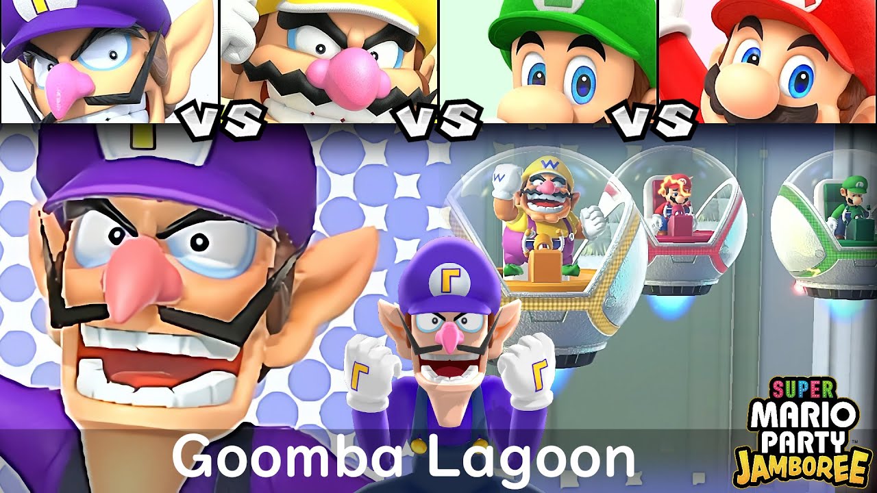 Super Mario Party Jamboree Waluigi vs Wario vs Luigi vs Mario in Goomba Lagoon