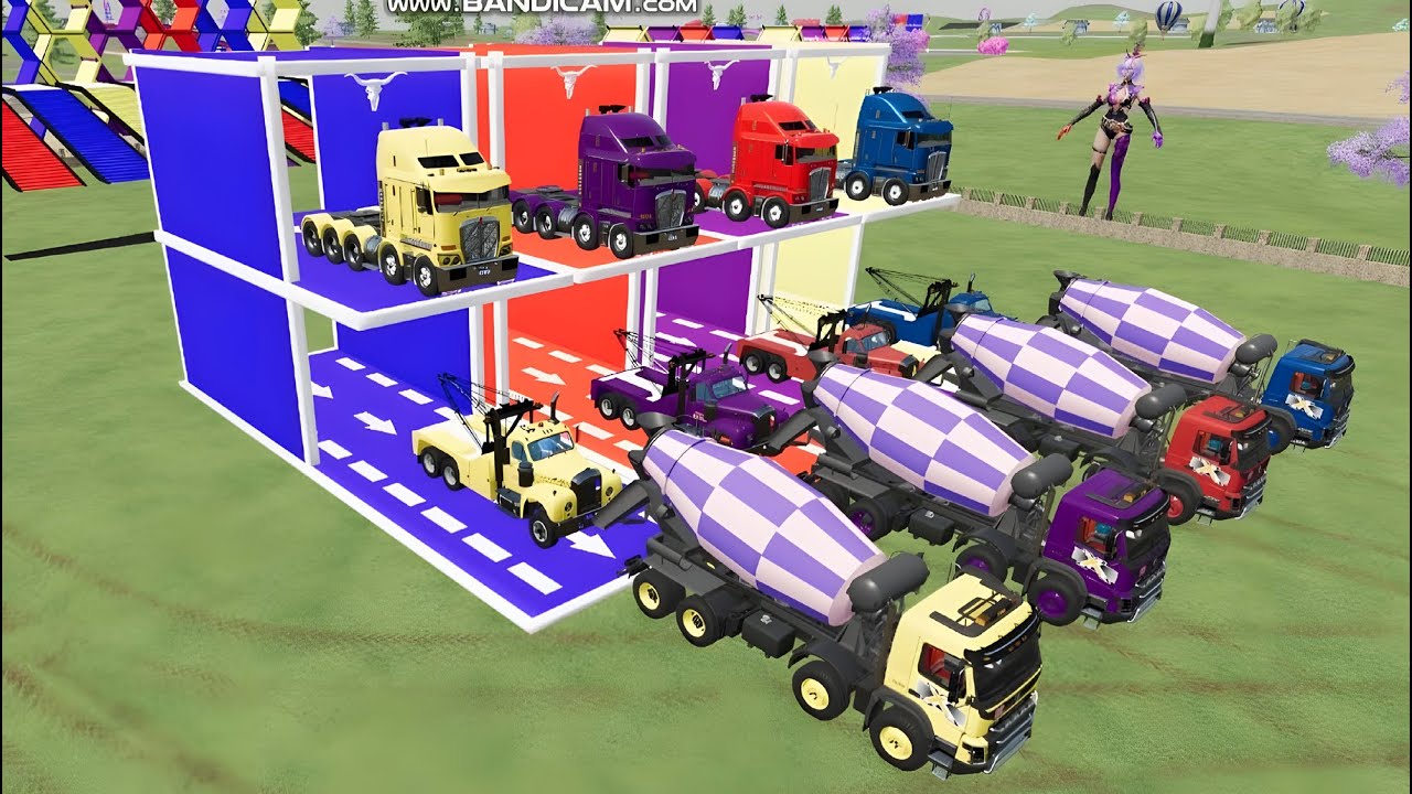 Garage with Colors - ALL MIXER TRUCK WITH DOUBLE FLATBED TRAILER TRUCK, SCANIA, KAMAZ - FS22#216